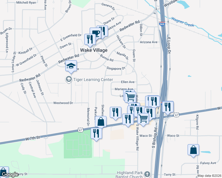 map of restaurants, bars, coffee shops, grocery stores, and more near 401 Esther Street in Texarkana