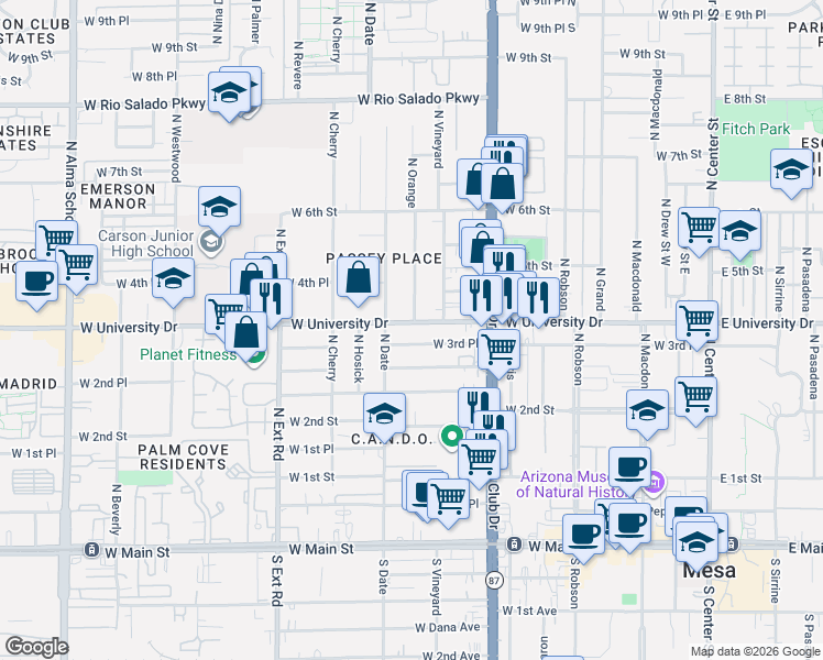 map of restaurants, bars, coffee shops, grocery stores, and more near 523 West 3rd Place in Mesa