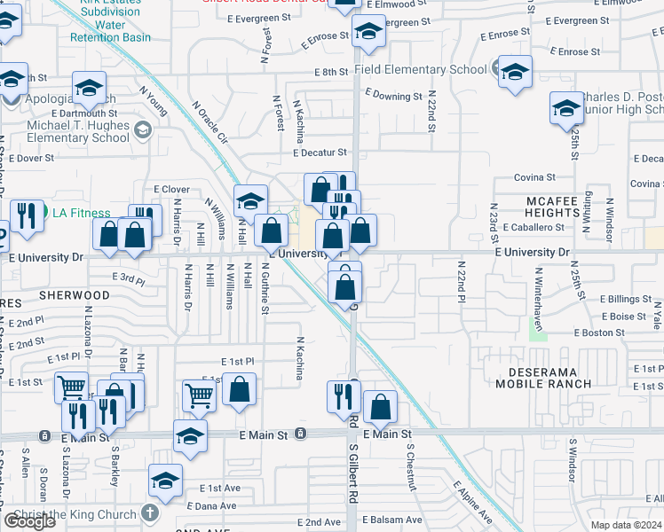 map of restaurants, bars, coffee shops, grocery stores, and more near 310 North Gilbert Road in Mesa