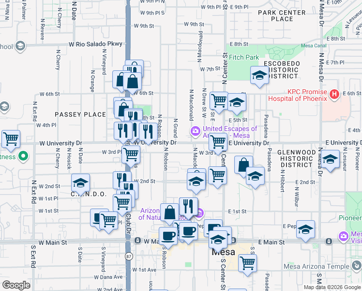 map of restaurants, bars, coffee shops, grocery stores, and more near 143 West 3rd Place in Mesa