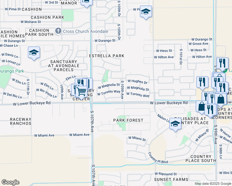 map of restaurants, bars, coffee shops, grocery stores, and more near 10536 West Preston Lane in Tolleson
