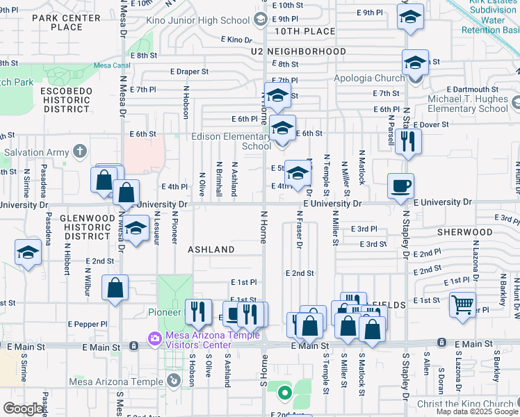 map of restaurants, bars, coffee shops, grocery stores, and more near 322 North Horne in Mesa