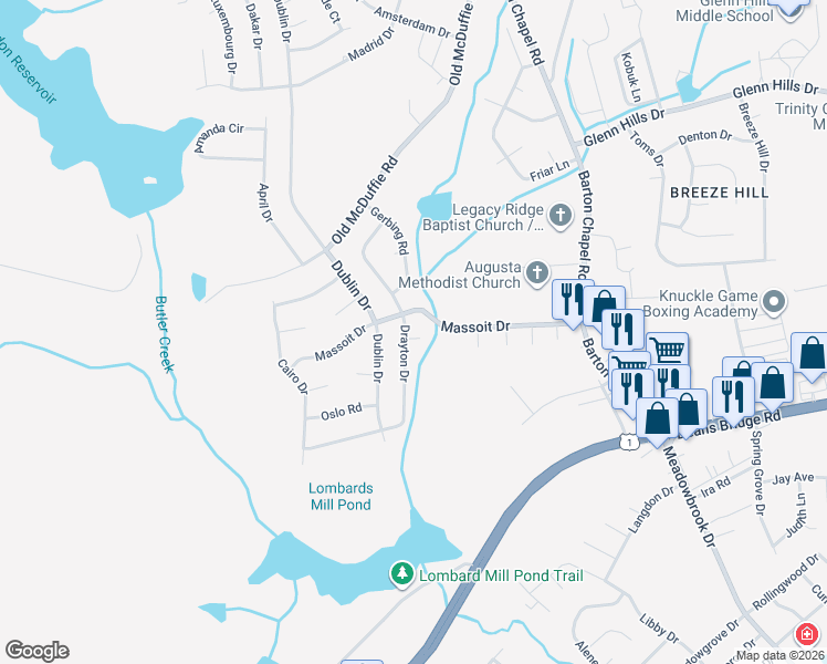 map of restaurants, bars, coffee shops, grocery stores, and more near 2620 Drayton Drive in Augusta