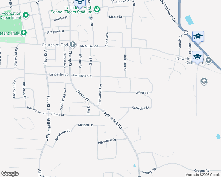 map of restaurants, bars, coffee shops, grocery stores, and more near 101 Wilson Street in Talladega