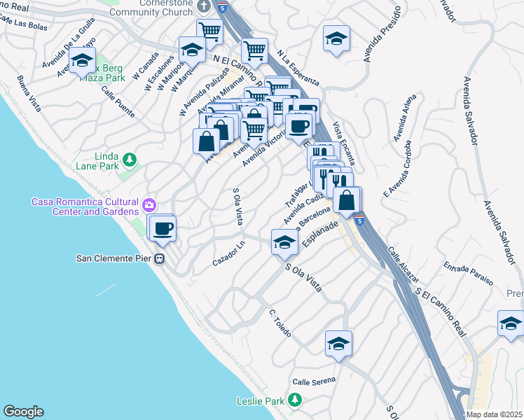 map of restaurants, bars, coffee shops, grocery stores, and more near 243 Avenida Madrid in San Clemente