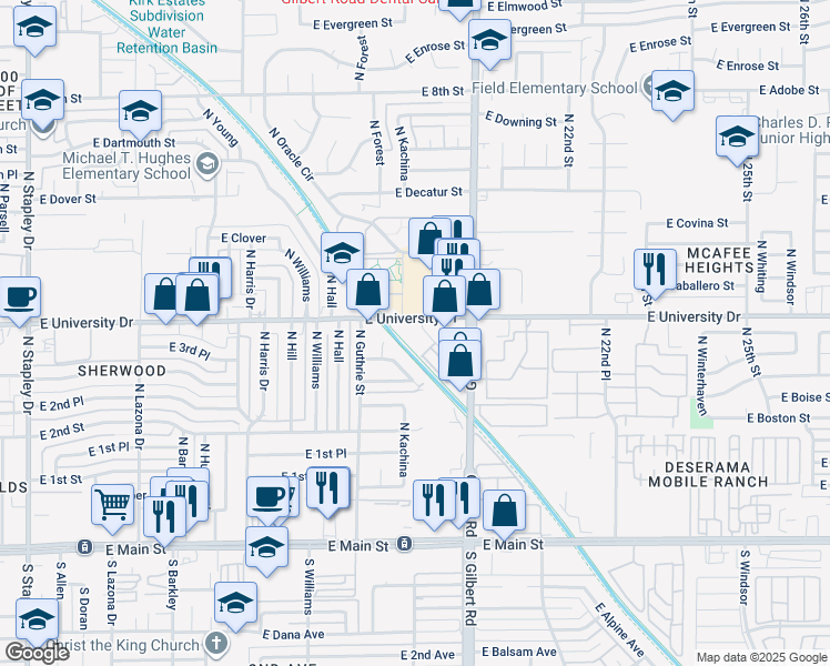 map of restaurants, bars, coffee shops, grocery stores, and more near 1844 East Brookdale Street in Mesa