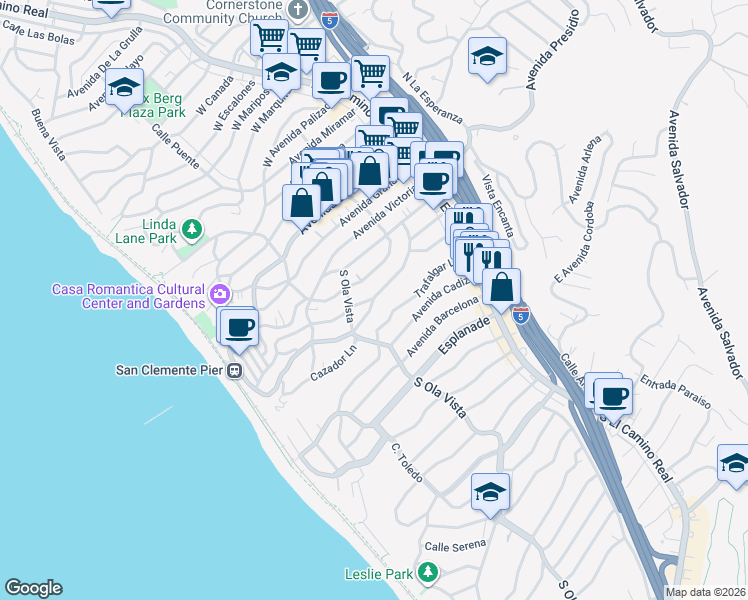 map of restaurants, bars, coffee shops, grocery stores, and more near 235 Avenida Madrid in San Clemente