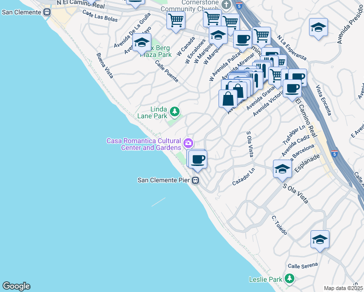 map of restaurants, bars, coffee shops, grocery stores, and more near 423 Avenida Granada in San Clemente
