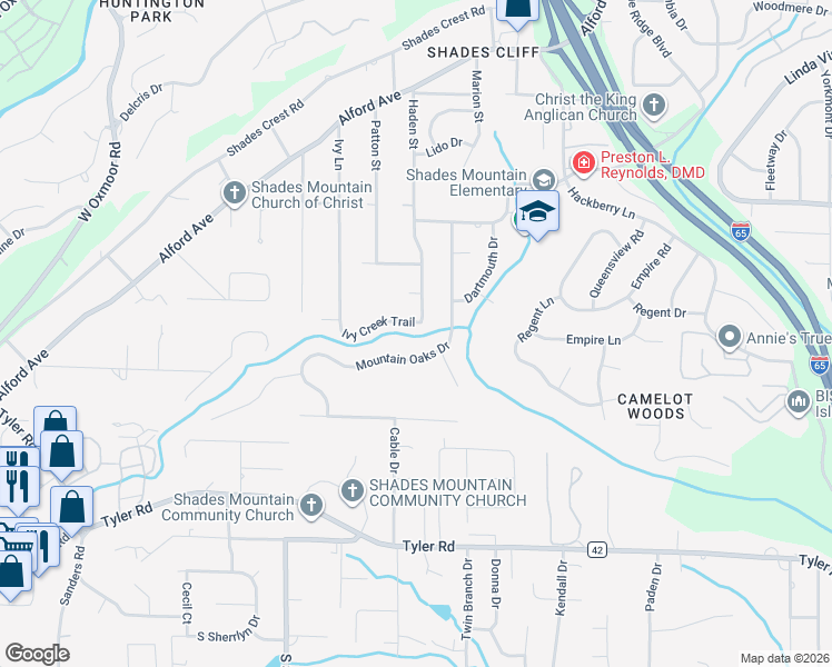 map of restaurants, bars, coffee shops, grocery stores, and more near 1074 Mountain Oaks Drive in Birmingham