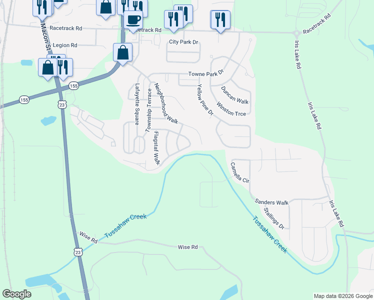 map of restaurants, bars, coffee shops, grocery stores, and more near 5110 Tussahaw Crossing in McDonough