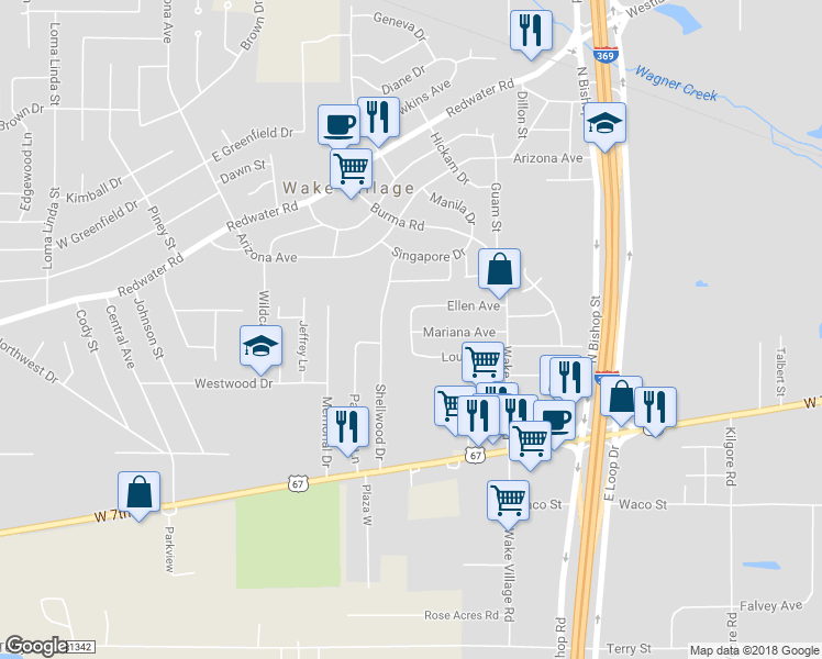 map of restaurants, bars, coffee shops, grocery stores, and more near 404 Esther Street in Wake Village