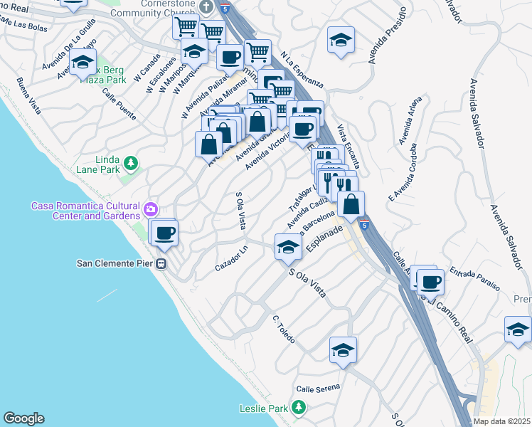 map of restaurants, bars, coffee shops, grocery stores, and more near 243 Avenida Madrid in San Clemente