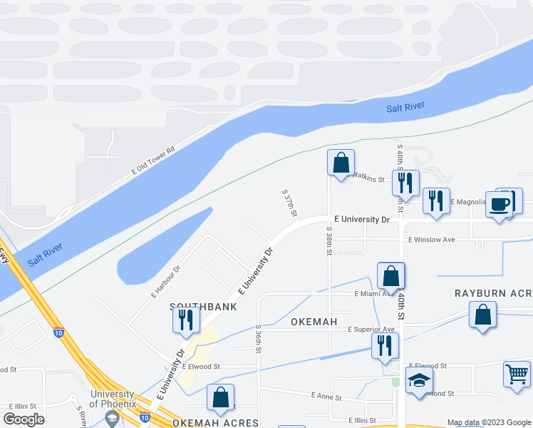 map of restaurants, bars, coffee shops, grocery stores, and more near 3600 East University Drive in Phoenix