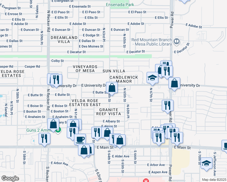 map of restaurants, bars, coffee shops, grocery stores, and more near 6418 Butte Street in Mesa