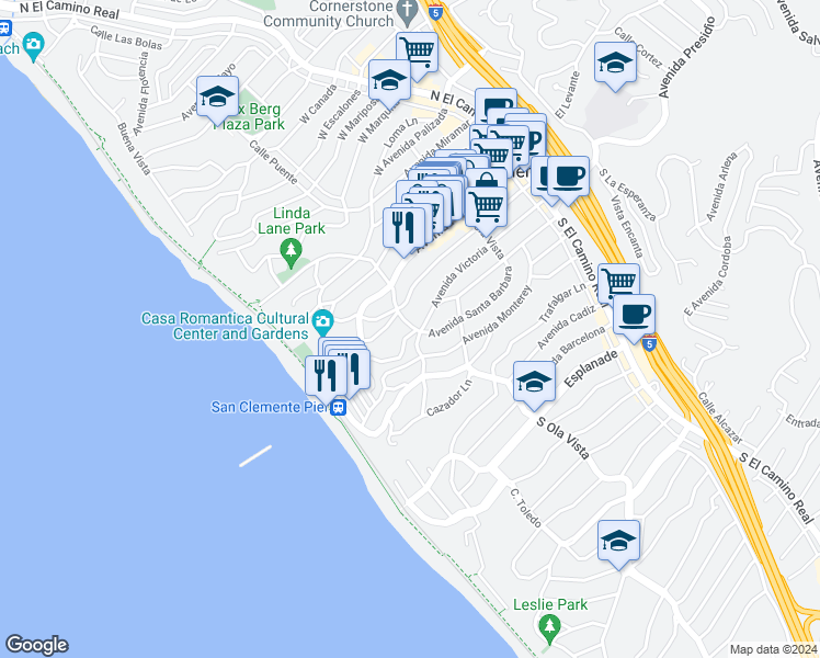 map of restaurants, bars, coffee shops, grocery stores, and more near 212 Calle Puente in San Clemente