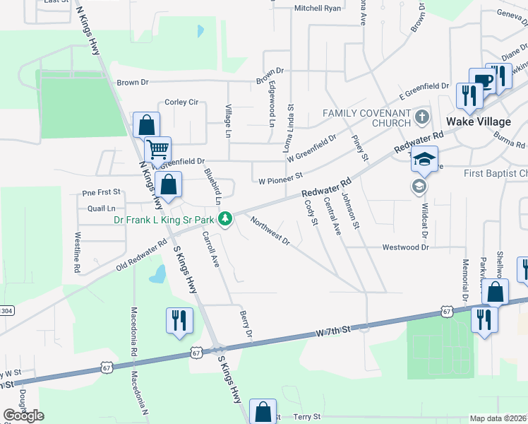 map of restaurants, bars, coffee shops, grocery stores, and more near 419 Northwest Drive in Wake Village