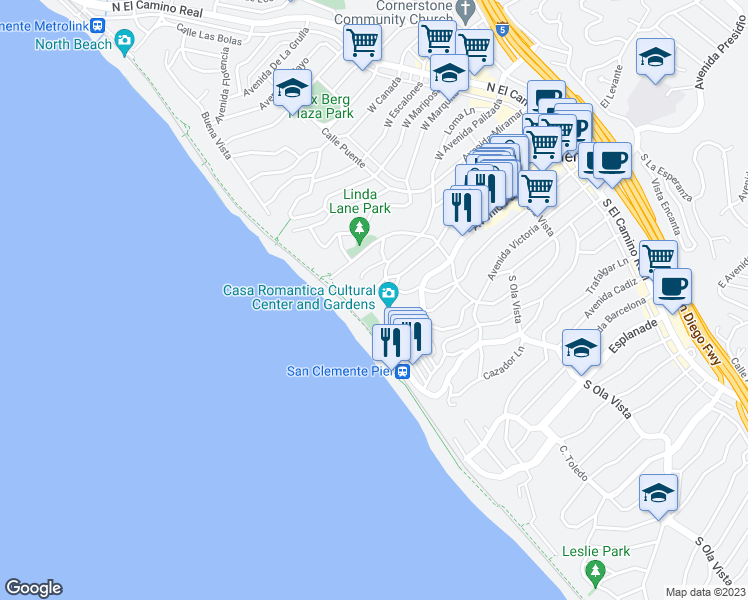 map of restaurants, bars, coffee shops, grocery stores, and more near 415 Avenida Granada in San Clemente