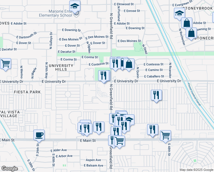 map of restaurants, bars, coffee shops, grocery stores, and more near 4355 East University Drive in Mesa