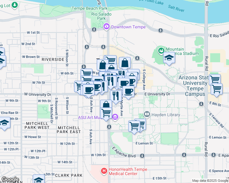 map of restaurants, bars, coffee shops, grocery stores, and more near 20 East University Drive in Tempe