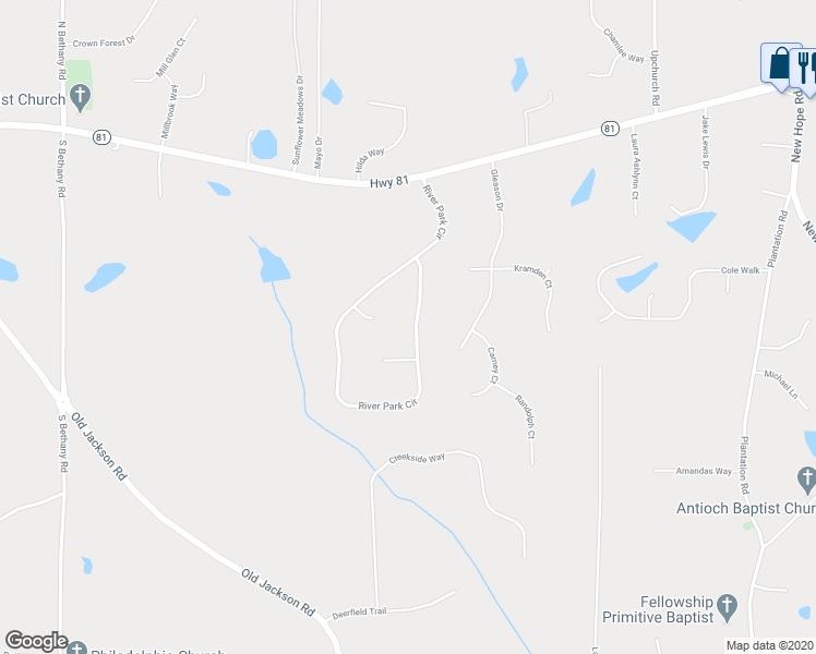 map of restaurants, bars, coffee shops, grocery stores, and more near 171 River Park Circle in McDonough