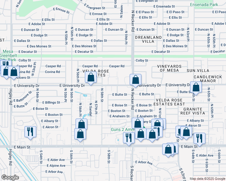 map of restaurants, bars, coffee shops, grocery stores, and more near 5833 East Butte Street in Mesa