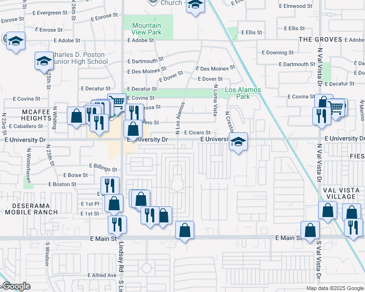 map of restaurants, bars, coffee shops, grocery stores, and more near B St in Mesa