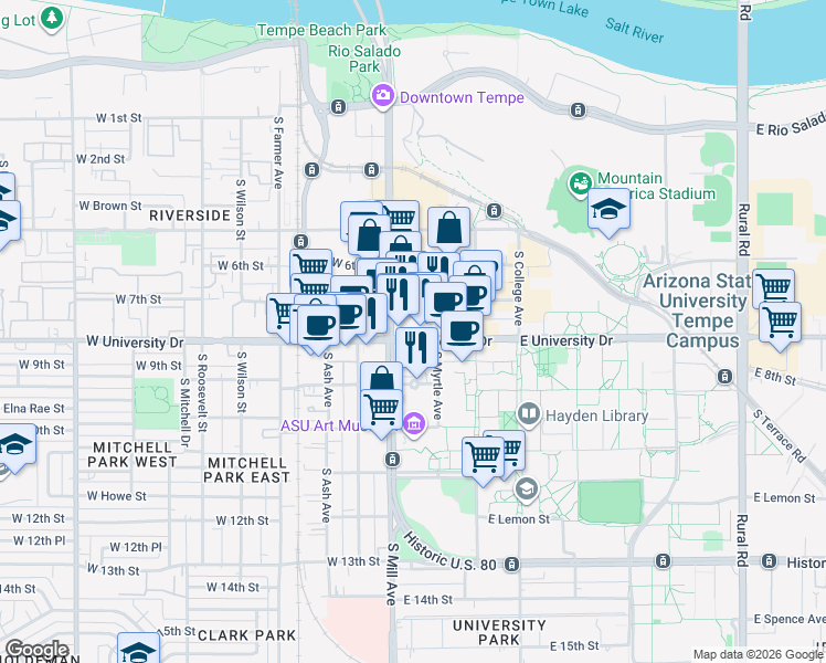 map of restaurants, bars, coffee shops, grocery stores, and more near 7 East University Drive in Tempe