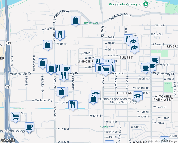 map of restaurants, bars, coffee shops, grocery stores, and more near 1548 West University Drive in Tempe