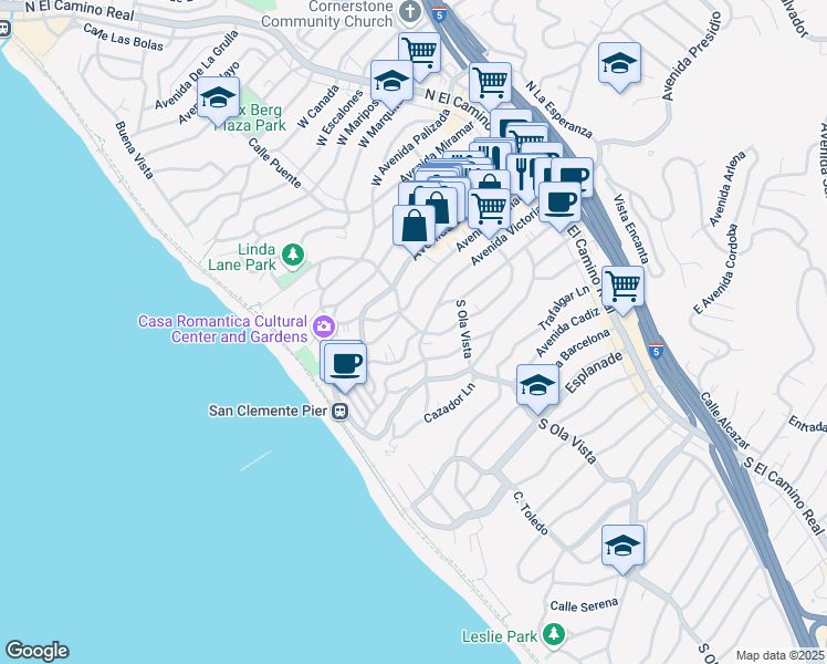 map of restaurants, bars, coffee shops, grocery stores, and more near 307 Avenida Victoria in San Clemente