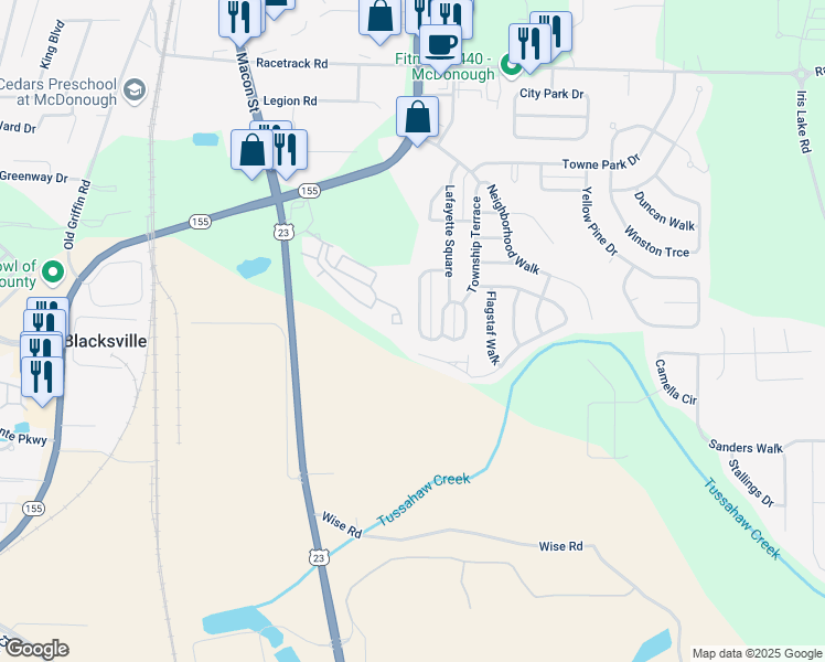 map of restaurants, bars, coffee shops, grocery stores, and more near 1720 New Orleans Way in McDonough