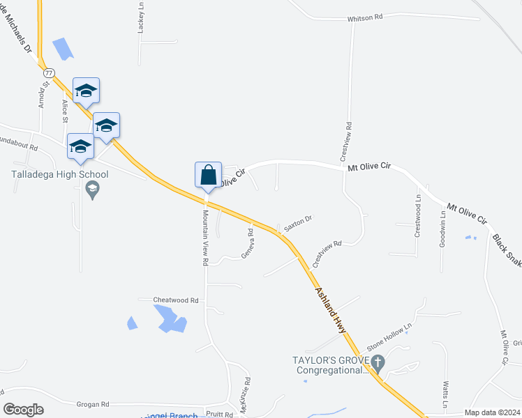map of restaurants, bars, coffee shops, grocery stores, and more near 1710 Ashland Highway in Talladega