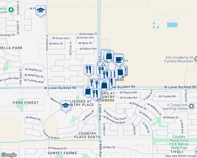 map of restaurants, bars, coffee shops, grocery stores, and more near 9860 West Lower Buckeye Road in Tolleson