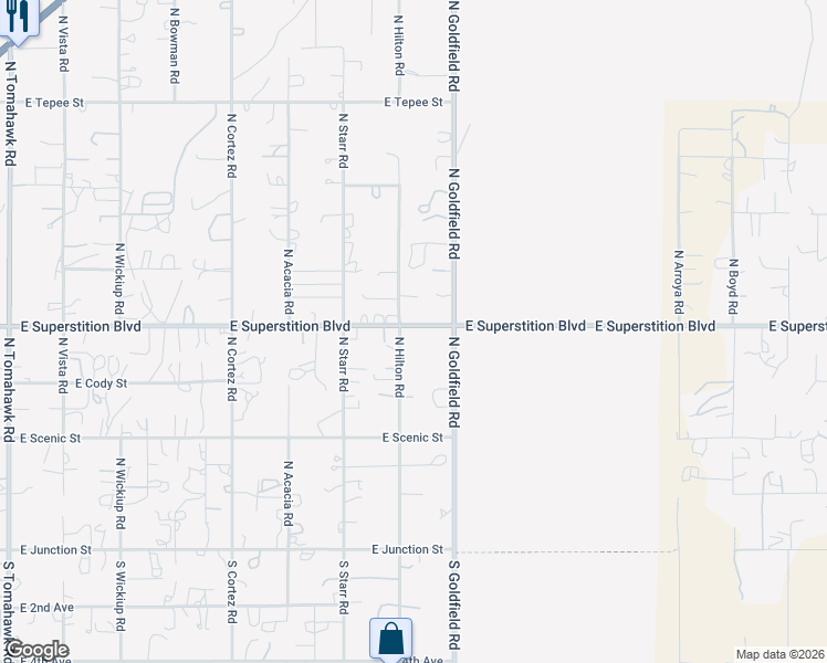 map of restaurants, bars, coffee shops, grocery stores, and more near 749 North Hilton Road in Apache Junction