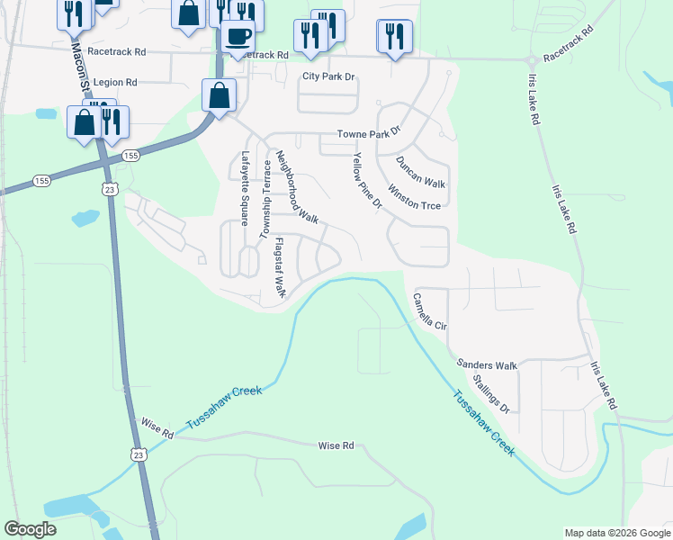 map of restaurants, bars, coffee shops, grocery stores, and more near 5050 Tussahaw Crossing in McDonough