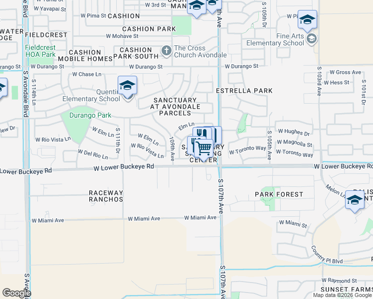 map of restaurants, bars, coffee shops, grocery stores, and more near 2721 South 108th Drive in Avondale