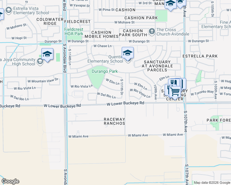map of restaurants, bars, coffee shops, grocery stores, and more near 11167 West Del Rio Lane in Avondale