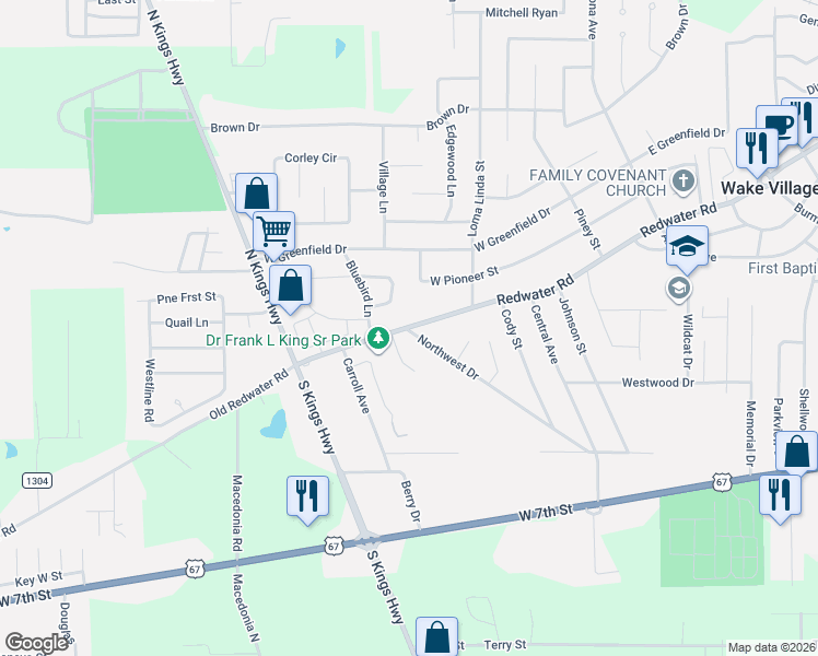 map of restaurants, bars, coffee shops, grocery stores, and more near 403 Tracey Avenue in Wake Village