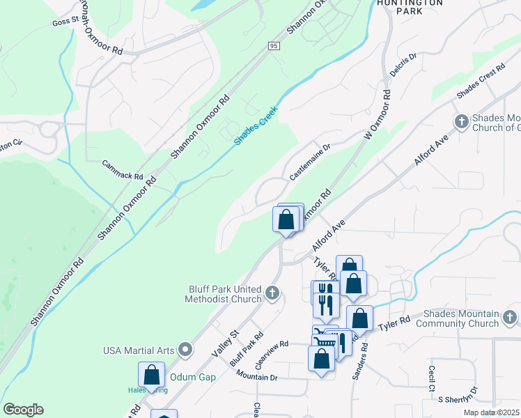 map of restaurants, bars, coffee shops, grocery stores, and more near 1045 Castlemaine Drive in Birmingham