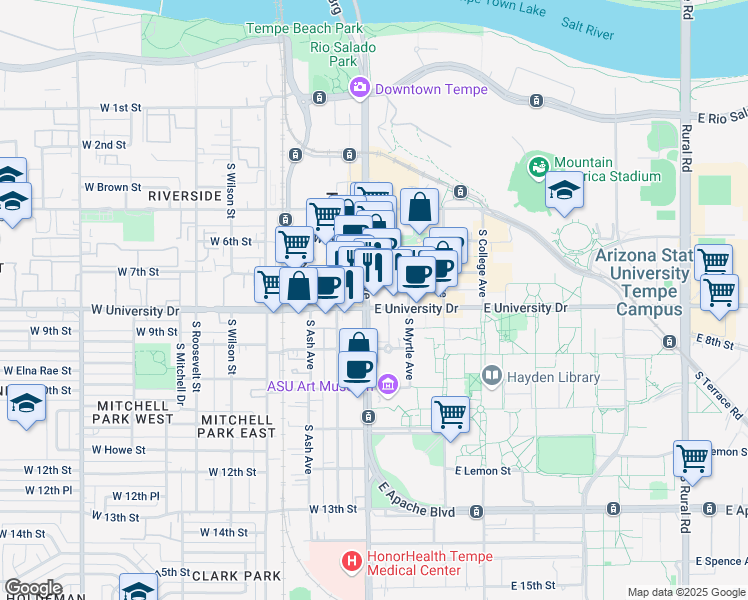 map of restaurants, bars, coffee shops, grocery stores, and more near 7 East University Drive in Tempe
