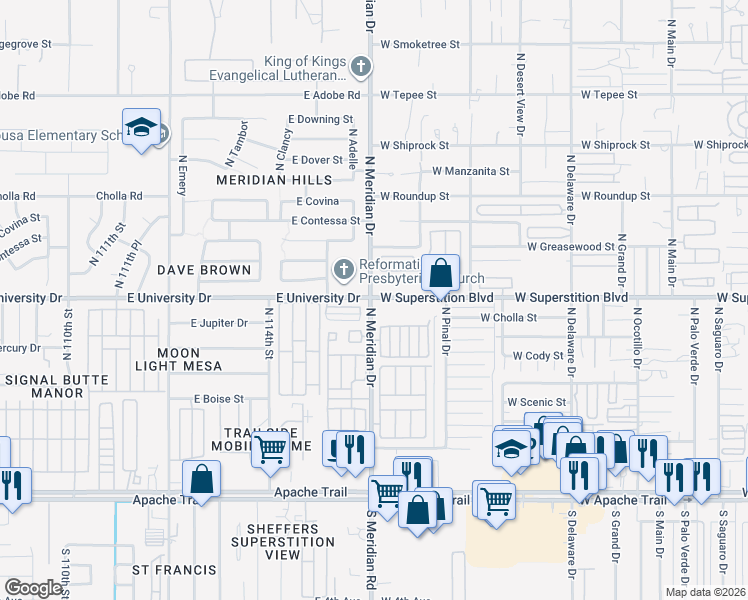 map of restaurants, bars, coffee shops, grocery stores, and more near 2555 West Superstition Boulevard in Apache Junction
