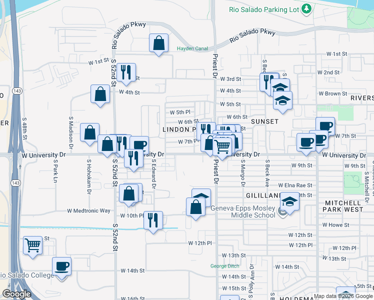 map of restaurants, bars, coffee shops, grocery stores, and more near 1548 West University Drive in Tempe