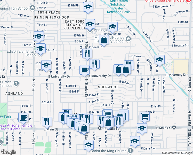 map of restaurants, bars, coffee shops, grocery stores, and more near 1255 East University Drive in Mesa