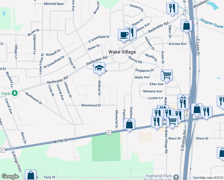 map of restaurants, bars, coffee shops, grocery stores, and more near 3 Jeffrey Circle in Wake Village