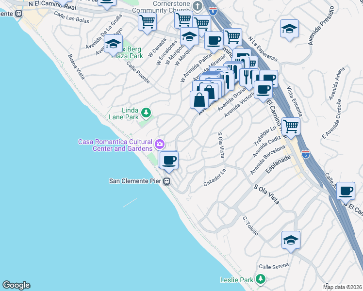 map of restaurants, bars, coffee shops, grocery stores, and more near in San Clemente