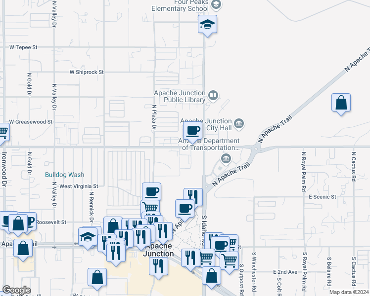 map of restaurants, bars, coffee shops, grocery stores, and more near in Apache Junction