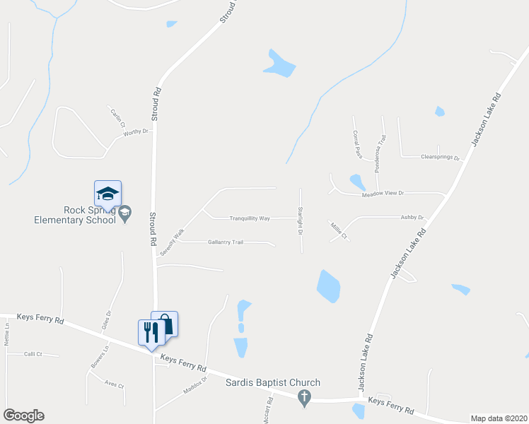 map of restaurants, bars, coffee shops, grocery stores, and more near 615 Tranquillity Way in McDonough