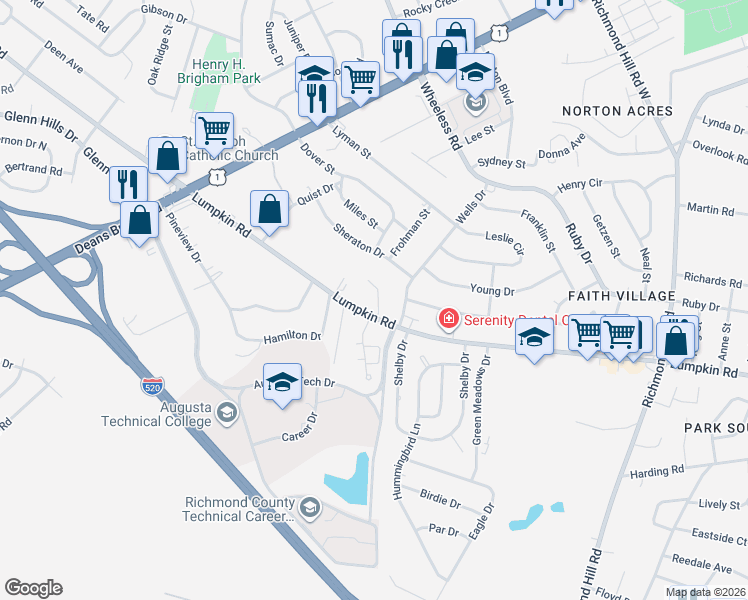 map of restaurants, bars, coffee shops, grocery stores, and more near 3101 Jennifer Court in Augusta