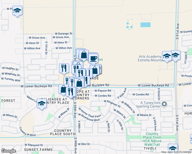map of restaurants, bars, coffee shops, grocery stores, and more near 9820 West Lower Buckeye Road in Tolleson