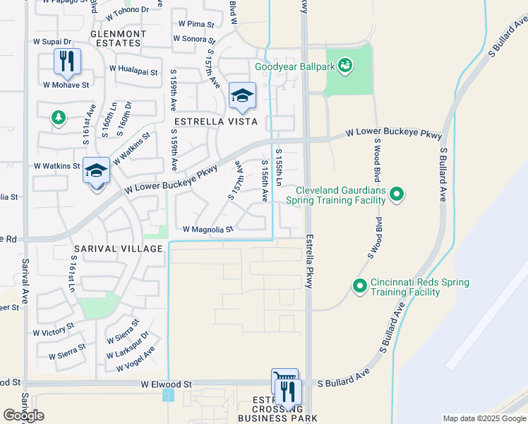 map of restaurants, bars, coffee shops, grocery stores, and more near 2682 South 156th Drive in Goodyear