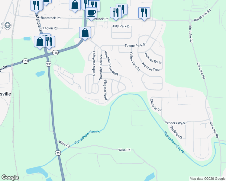 map of restaurants, bars, coffee shops, grocery stores, and more near 4110 Mission Way in McDonough